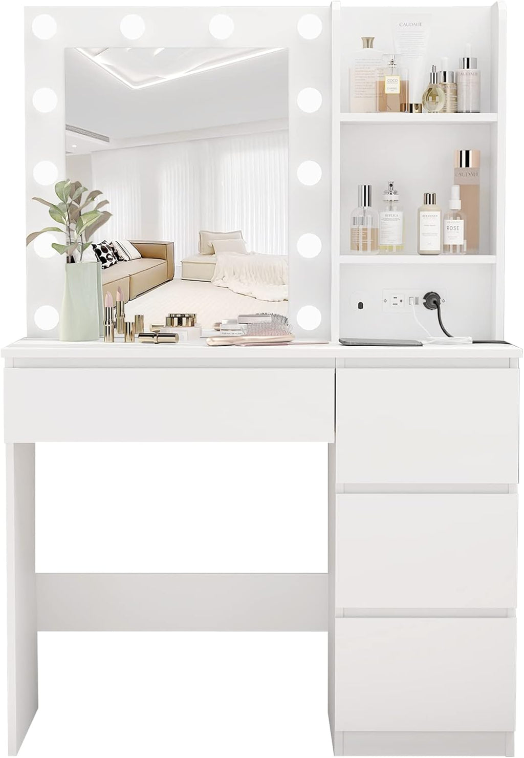 Vabches Makeup Vanity with Lights, 37inch Vanity Desk with Power Strip, 4 Drawers Makeup Table with Lighted Mirror, 3 Lighting Colors, White