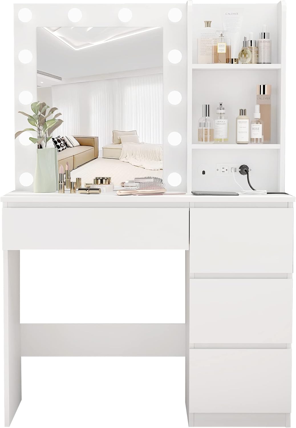 Vabches Makeup Vanity with Lights, 37inch Vanity Desk with Power Strip, 4 Drawers Makeup Table with Lighted Mirror, 3 Lighting Colors, White
