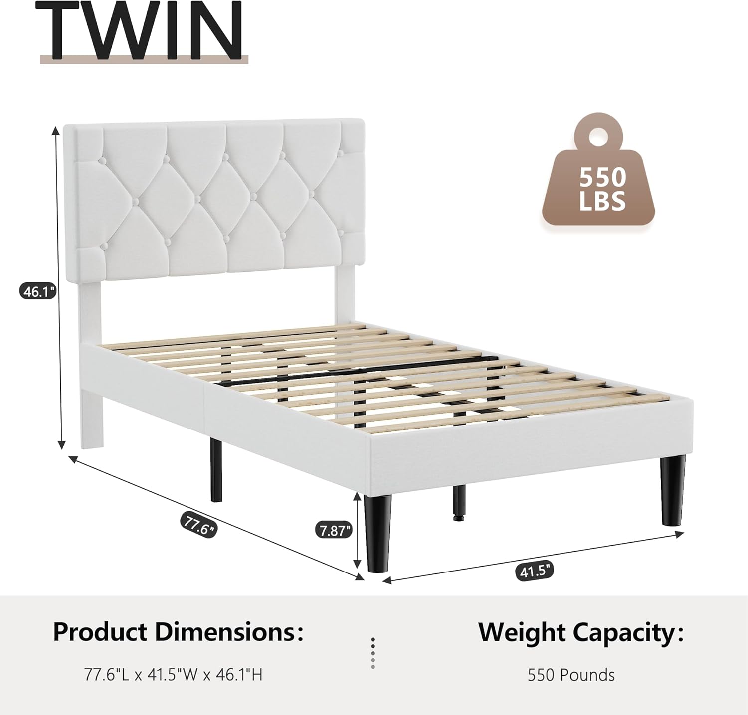VECELO Twin Size Bed Frame with Button Tufted Headboard, Upholstered Platform Bedframe with Wood Slat Support, No Box Spring Needed, White