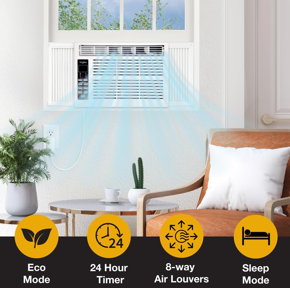 Whirlpool 10,000 BTU Window Air Conditioner with Dehumidifier, 115V, Window AC for Rooms up to 450 Sq. Ft., Living Room, Bedroom, or Kitchen, with Remote Control, Digital Display, and 24H-Timer, White