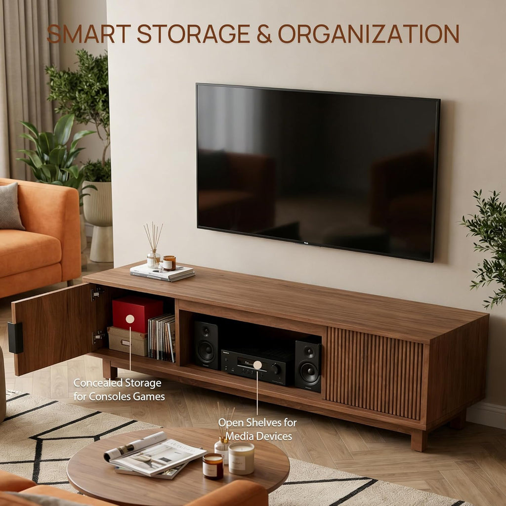 Alpen Fluted TV Stands for Living Room, 70" Mid Century Modern Entertainment Center with Storage, Brown Walnut TV Console for 65/75/80 Inch TV, Wood Television Media Cabinet for Bedroom