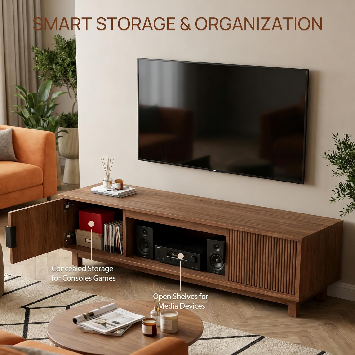 Alpen Fluted TV Stands for Living Room, 70" Mid Century Modern Entertainment Center with Storage, Brown Walnut TV Console for 65/75/80 Inch TV, Wood Television Media Cabinet for Bedroom