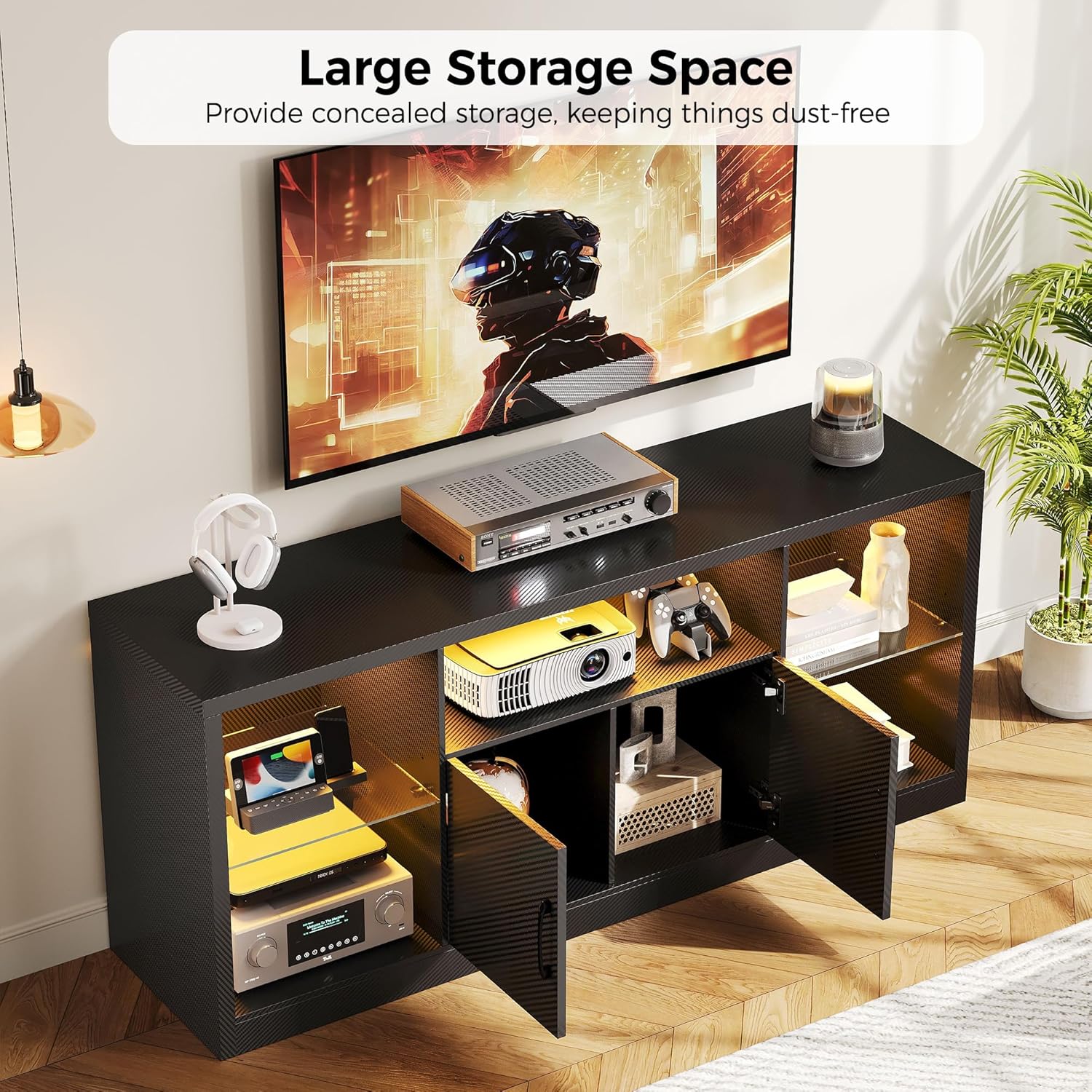 IRONCK TV Stand for TVs 65 inch with Power Outlet and LED Lights, Carbon Fiber Entertainment Center with Storage Cabinets, Adjustable Glass Shelves, Modern TV Stands for Living Room, Black