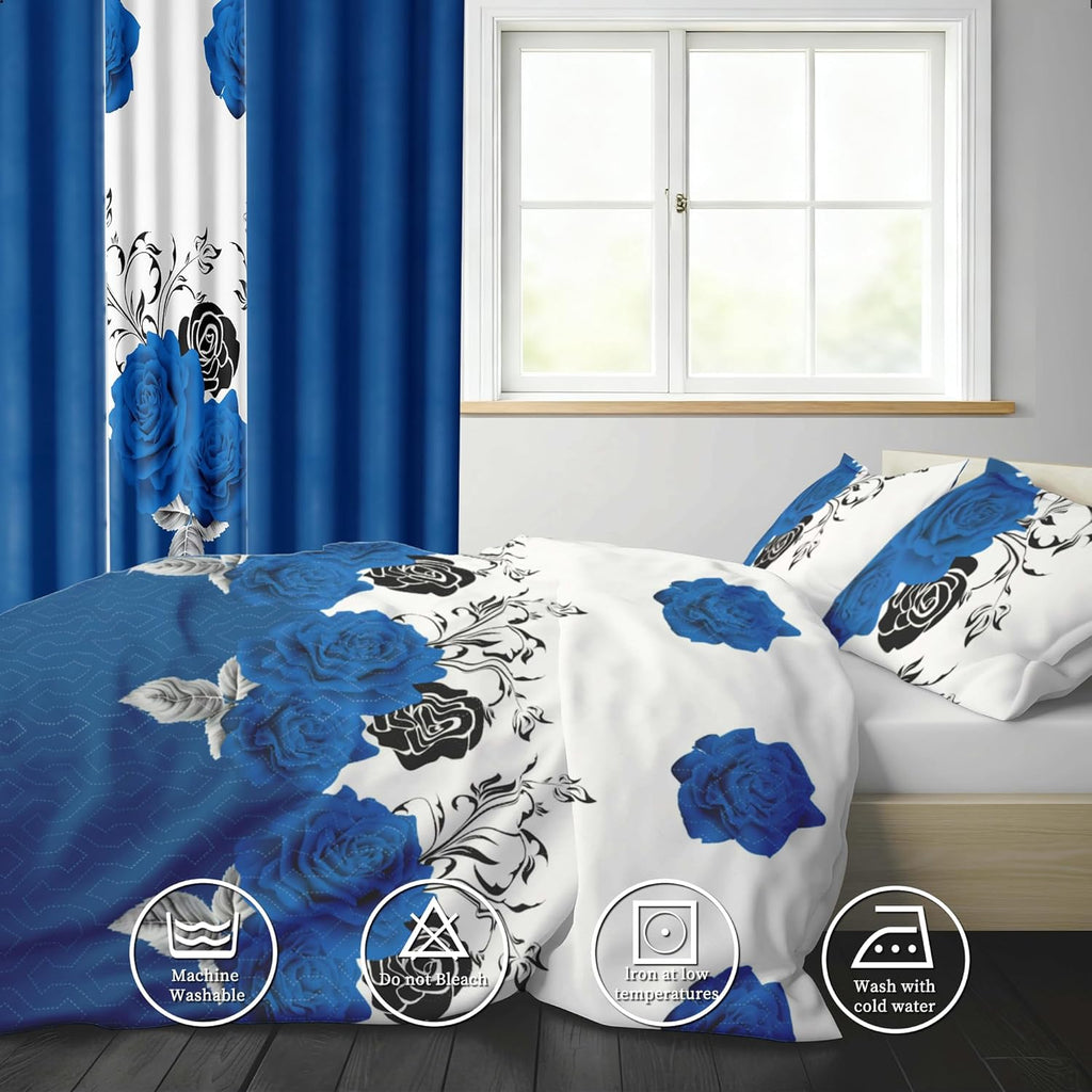 Deepsleep Queen Size Quilt Set 9 Pieces with Matching Curtain, with 2 Pillowcases and 6 Curtains for Bedroom, Machine Washable Microfiber Bedding Set for All Season, Blue Rose