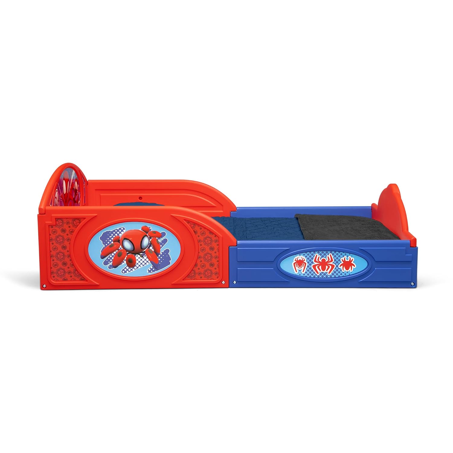 Delta Children - Marvel Spidey and His Amazing Friends 4-Piece Toddler Room-in-a-Box Set – Includes Sleep and Play Toddler Bed, Table, 1 Chair and Fabric Toy Box, Blue/Red