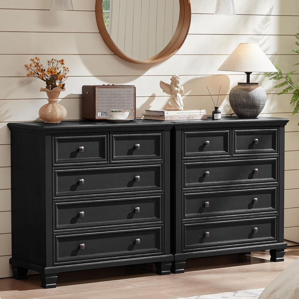SAVOR LIFE Farmhouse Black Bedroom Sets of 4, Includes 6 Drawer Large Dresser, Vintage Night Stand with 3 Drawers, Small 5 Chest of Drawers, Wood Rustic Dresser & Nightstand Set for Bedroom, Home