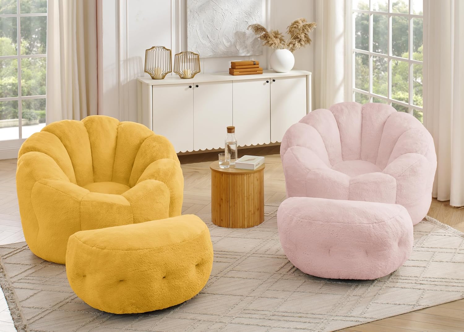 Mofolit 46" Oversized Flower Bean Bag Chair with Ottoman for Adults,Large Cozy Beanbag Chair with Artificial Rabbit Fur Fabric,Boneless Sofa for Living Room,Reading Room and Apartment. (Pink)