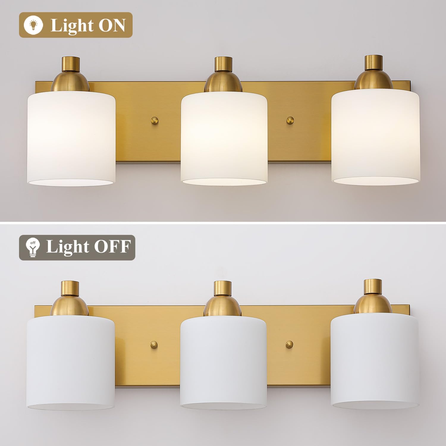 Mecgirn Stainless Steel Milk Glass Vanity Lights for Bathroom, 3 Light Gold Bathroom Light Fixtures Over Mirror, Ceramic E26 Sockets Wall Mounted