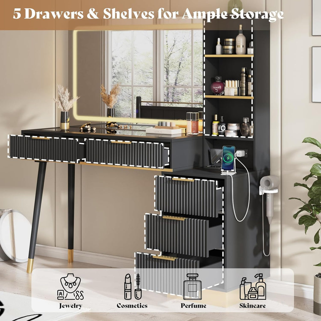 AMERLIFE 48" Fluted Vanity Desk with Mirror and Adjustable LED Lights, Large 5 Drawers Makeup Table with Glass Top and Charging Station for Women and Girls, Bedroom or Dorm, Black