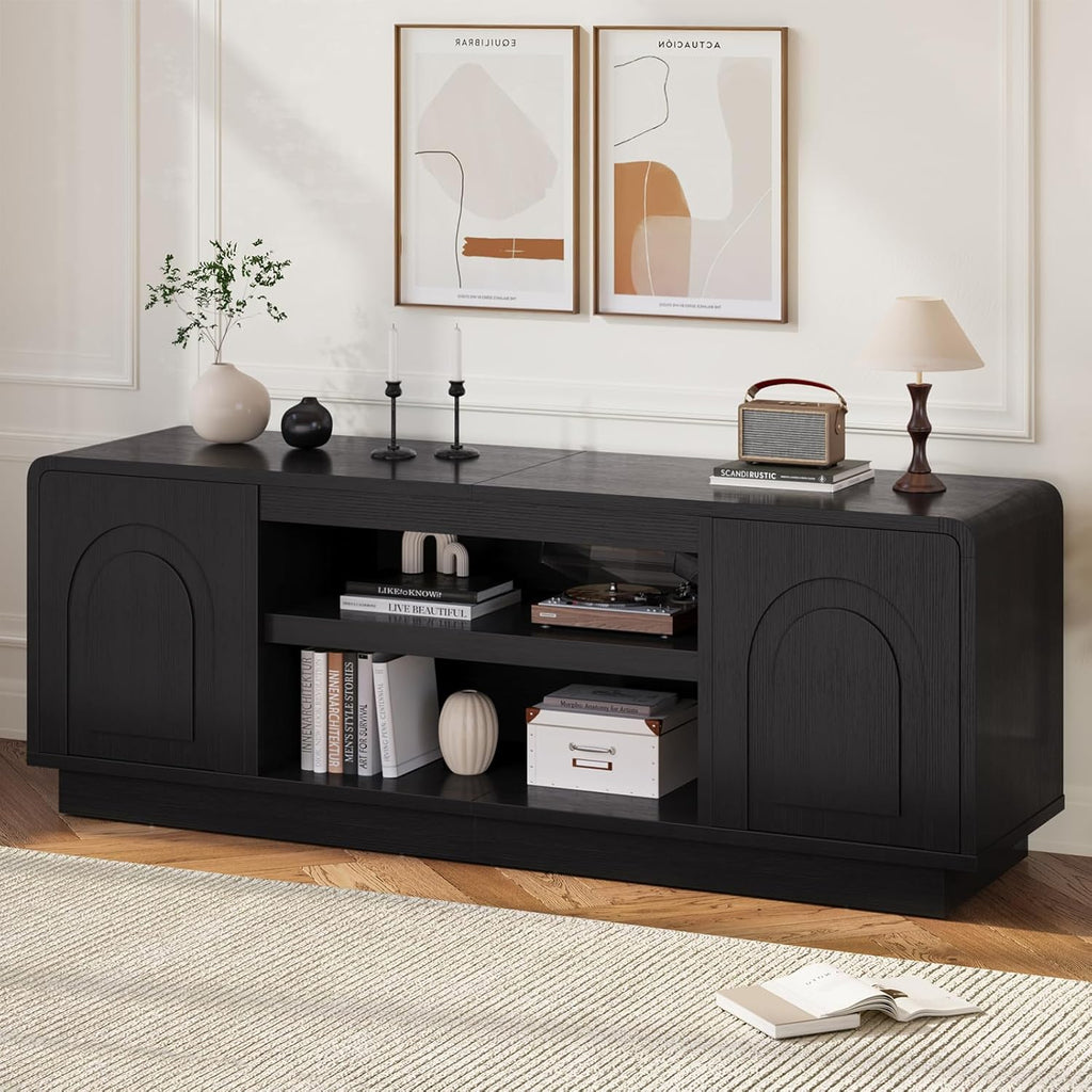Bestier 63" Mid Century Modern TV Stand for Living Room, Wood Media Console Cabinet for TVs up to 70", Entertainment Center with 2 Arched Doors, Adjustable Shelves & 6 Cable Holes, Black