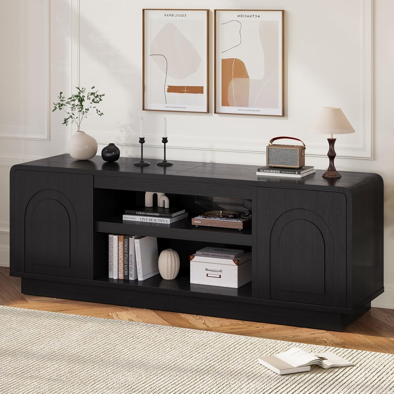 Bestier 63" Mid Century Modern TV Stand for Living Room, Wood Media Console Cabinet for TVs up to 70", Entertainment Center with 2 Arched Doors, Adjustable Shelves & 6 Cable Holes, Black