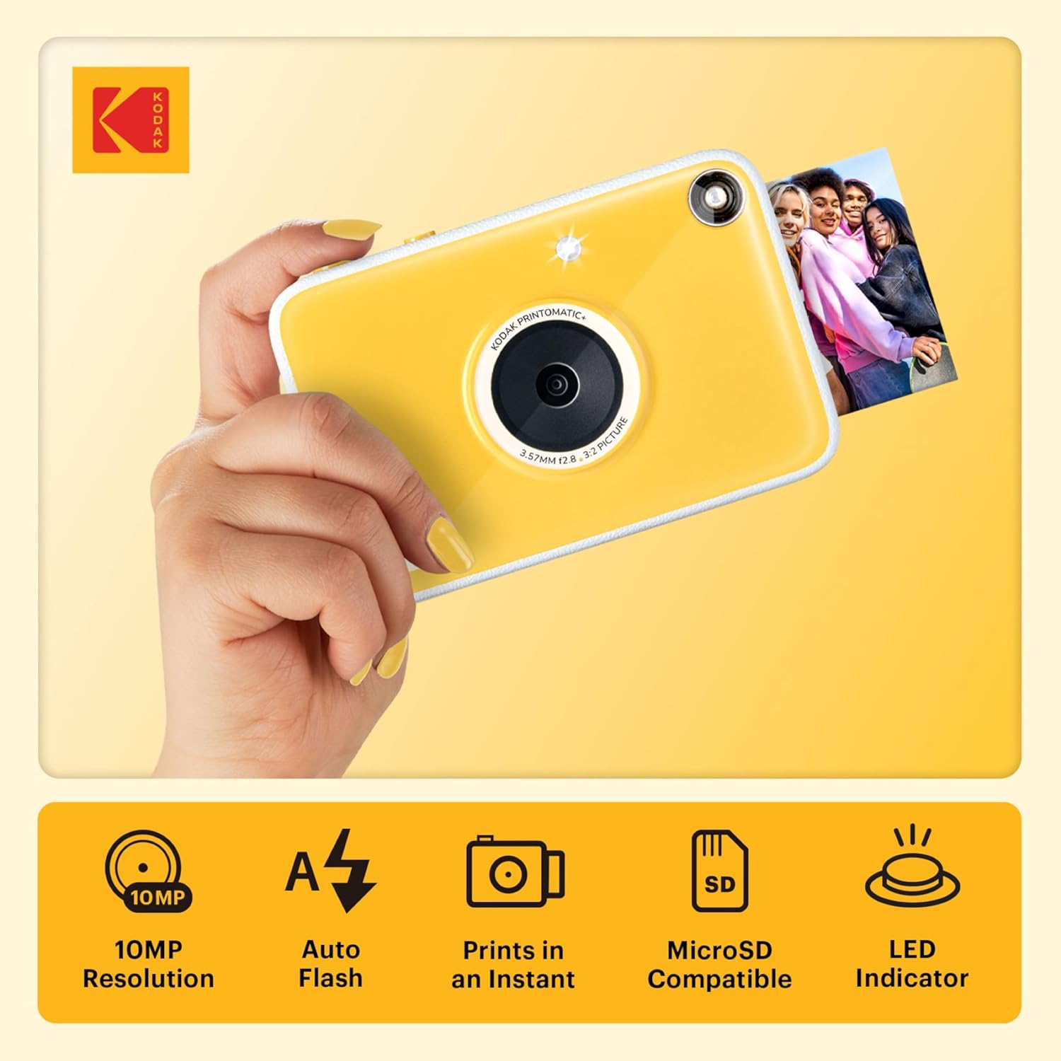 Kodak Printomatic+ Instant Print Digital Camera Starter Bundle + Carrying Case (Blue) + Zink 20pk Sticky-Back Photo Paper - 10MP, Full-Color Photos, GB LED Status Indicator - Yellow