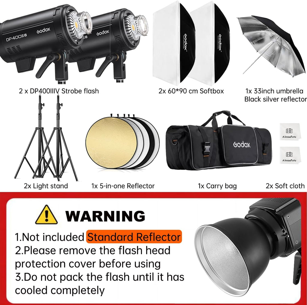 2pcs Godox DP400IIIV Studio Flash Kit for Photography,400Ws Strobe Professional Lighting with Tripod Stands,Bowens Mount Softbox,Umbrella Reflector,Carry Bag for Portrait Product Wedding Shooting