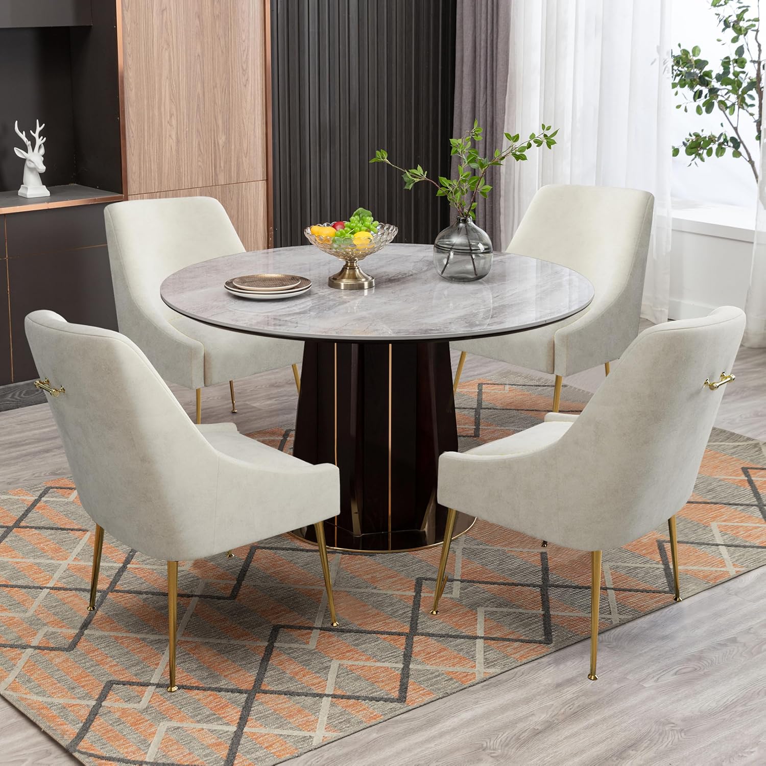 Modern Velvet Dining Chairs Set of 2, Contemporary Upholstered Furniture Collection with Polished Gold Metal Legs, Elegant Accent Chairs for Kitchen Living Room(White)