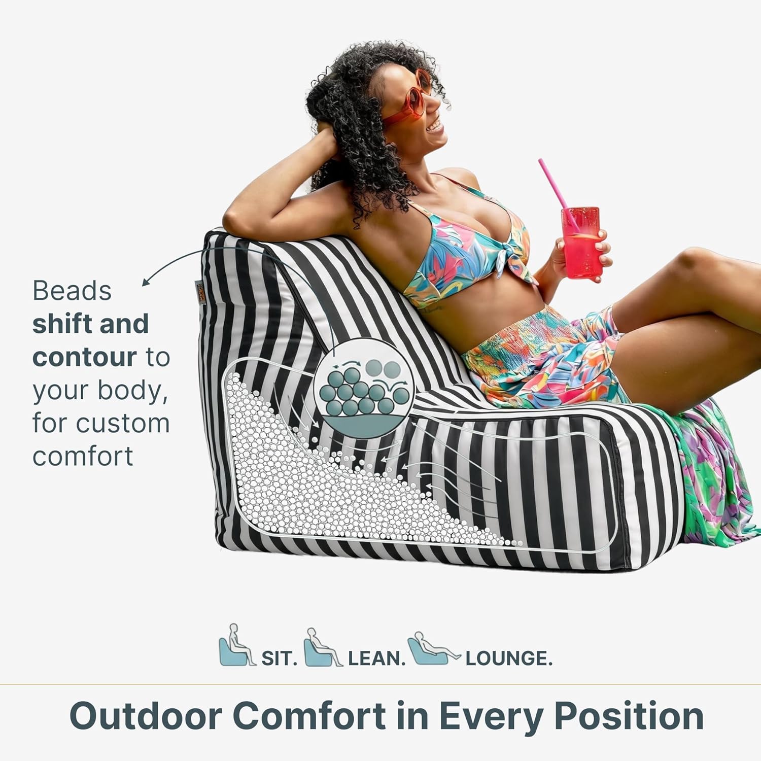 Jaxx Ponce Outdoor Bean Bag Chair - Weather Resistant Patio and Poolside Lounge Seating, Black & White Stripes