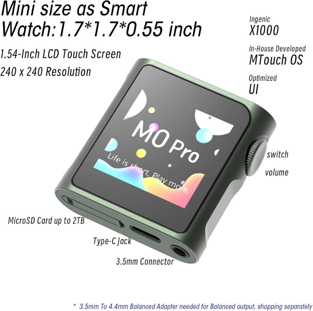 SHANLING M0 Pro MP3 Player with Bluetooth .Hi-Res Portable Music Player .Digital Audio Player 1.54” HD Touch Screen up to 10 Hour Battery Bluetooth and USB Type-C dongle 3.5mm Jacks