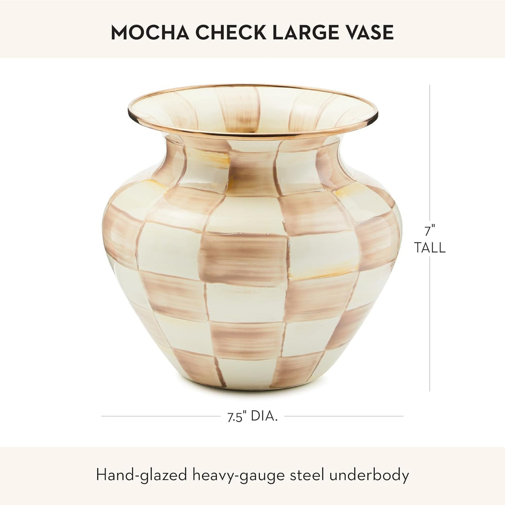 MACKENZIE-CHILDS Enamel Large Vase, Unique Flower-Vase Decor, Brown-and-White Mocha Check