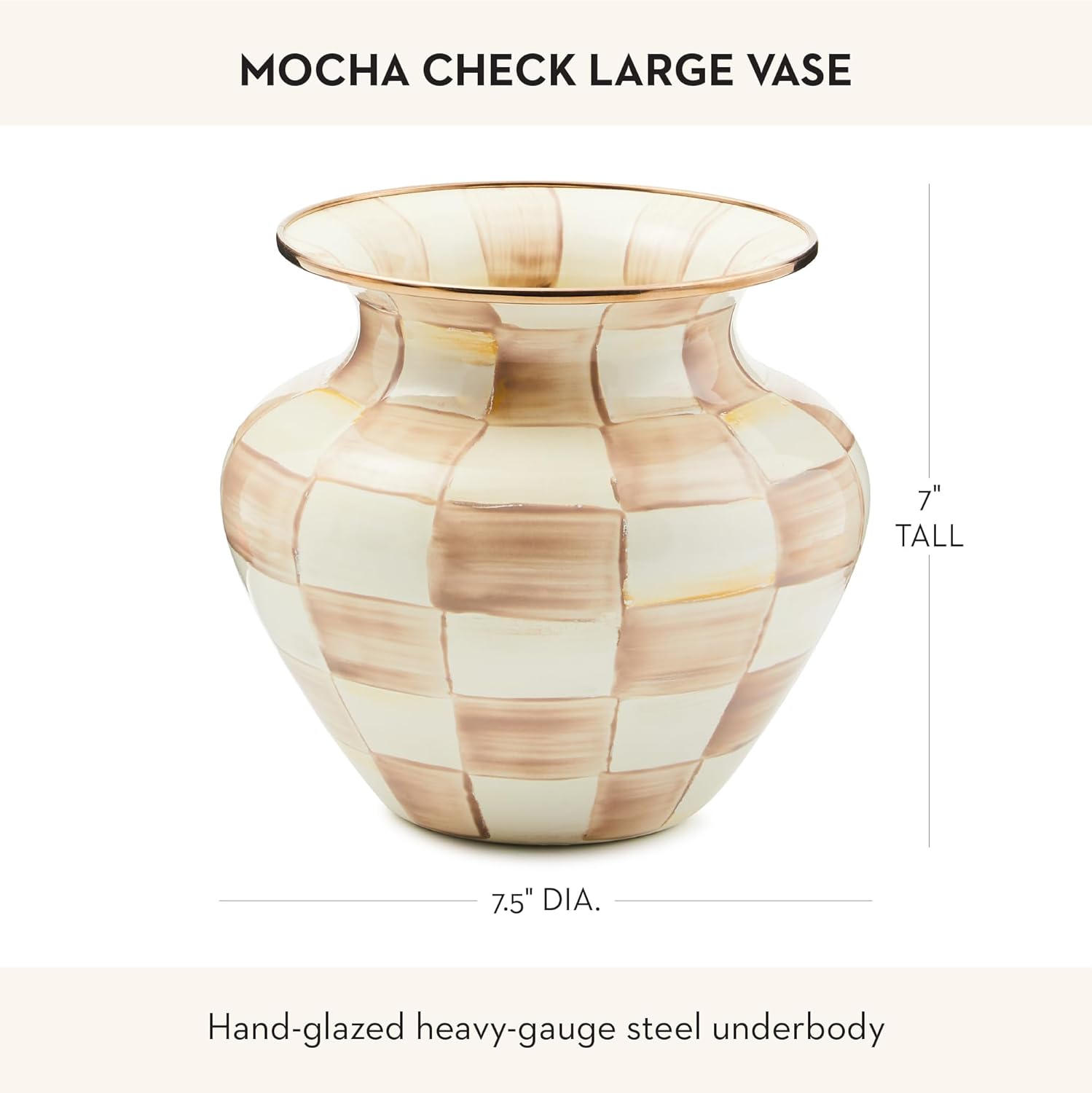 MACKENZIE-CHILDS Enamel Large Vase, Unique Flower-Vase Decor, Brown-and-White Mocha Check