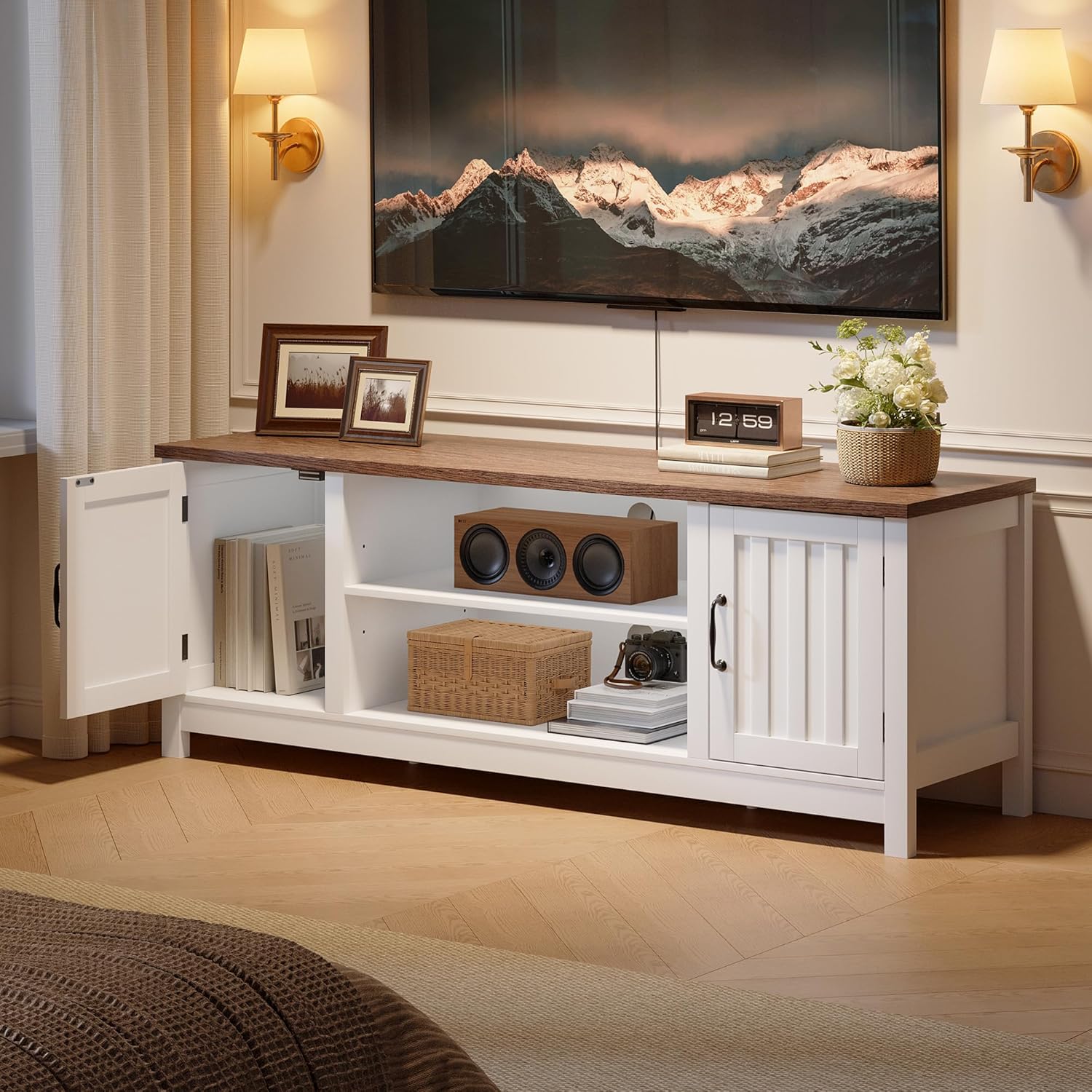 ChooChoo 54" Farmhouse TV Stand for TVs up to 65 inches, Entertainment Center with Storage Cabinets, Open Shelves and Fluted Door, TV Console Table for Living Room, Bedroom, White