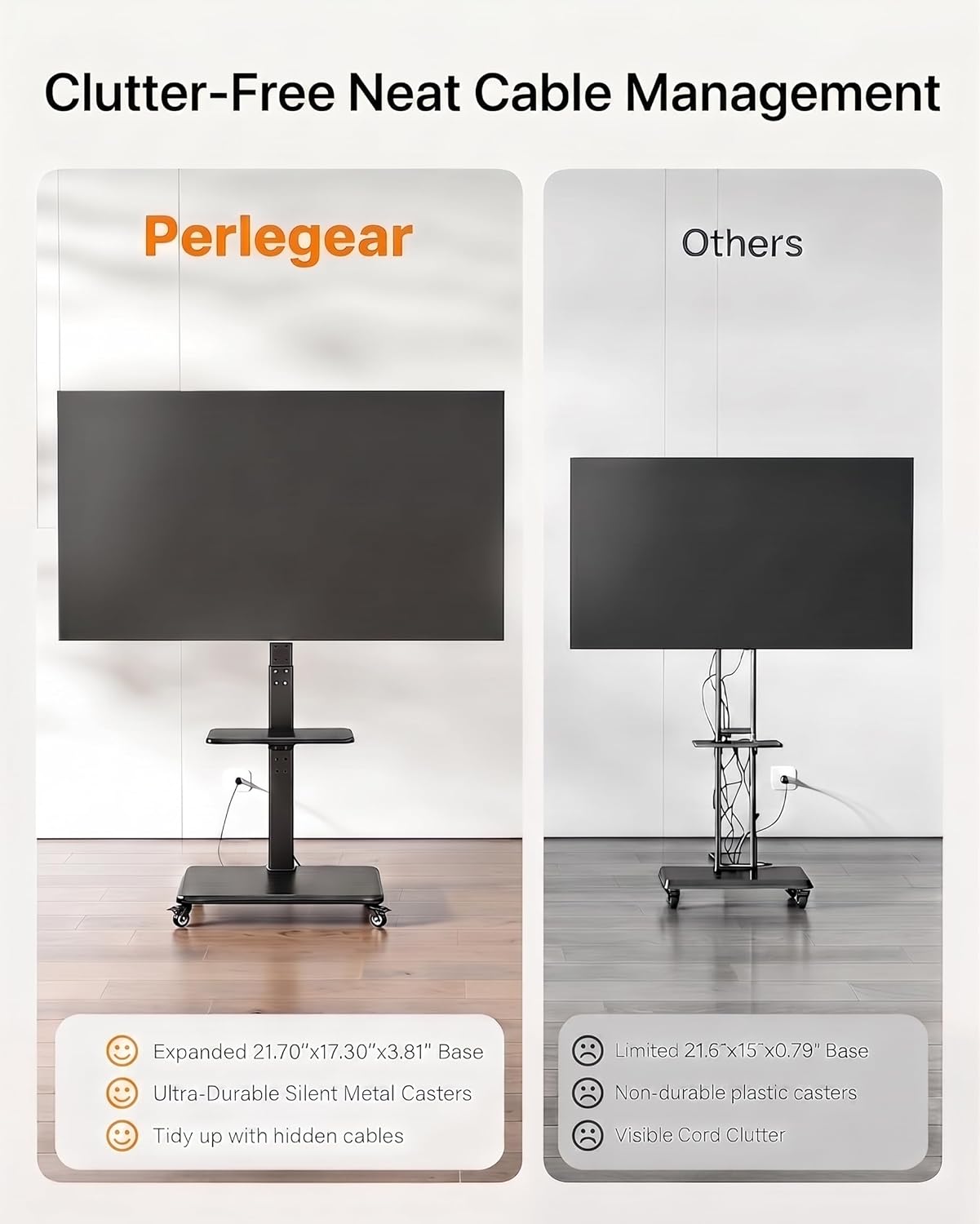 Perlegear Mobile TV Stand with Power Outlet, Tilt & Swivel Rolling TV Stand for 32-75 inches TVs up to 110 lbs, 12 Height Adjustable Rolling TV Cart with Wheels, Max VESA 600x400mm, PGTVMC17
