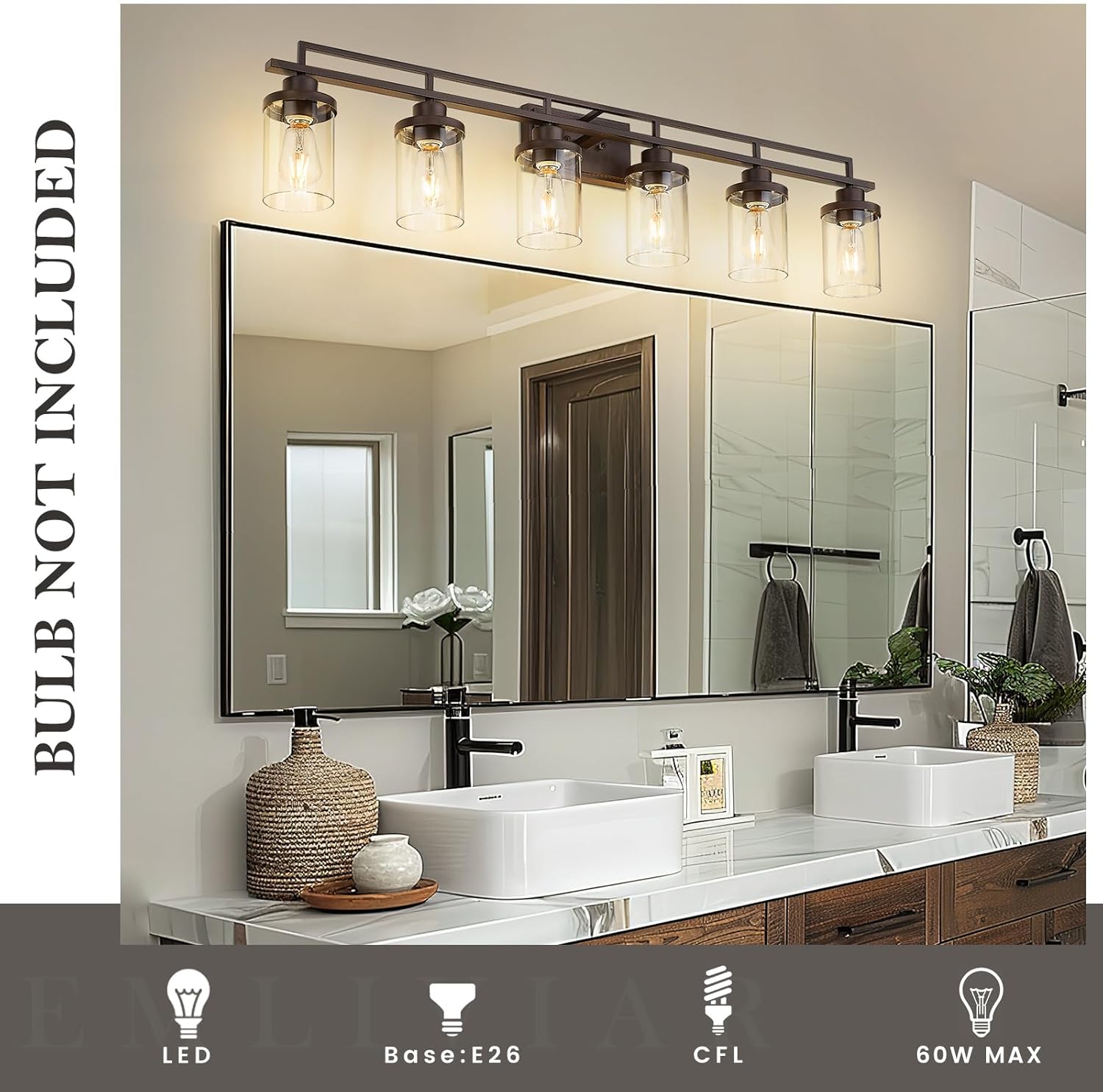 Emliviar 6-Light Bathroom Vanity Light Fixture, 44.3" Farmhouse Wall Lamp for Bedroom, Kitchen, Oil Rubbed Bronze Finish with Clear Glass, YCE238B-6W ORB