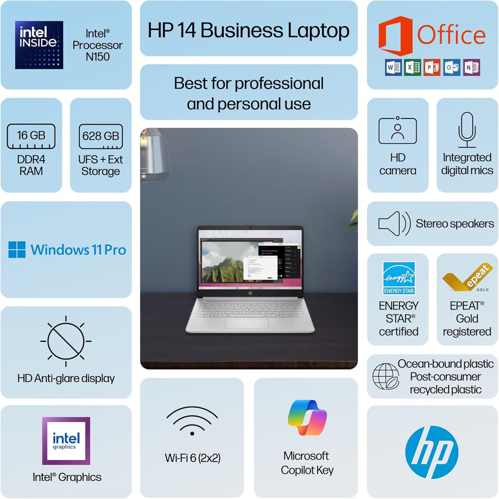 HP Ultrabook 14 Laptop Computer Business Study & Home 2025, Lifetime MS Office + Windows 11 Pro, Quad-Core Intel CPU, 16GB RAM & 628GB Storage (128GB UFS+500GB Ext), Wi-Fi 6, HubxcelAccessory, Silver