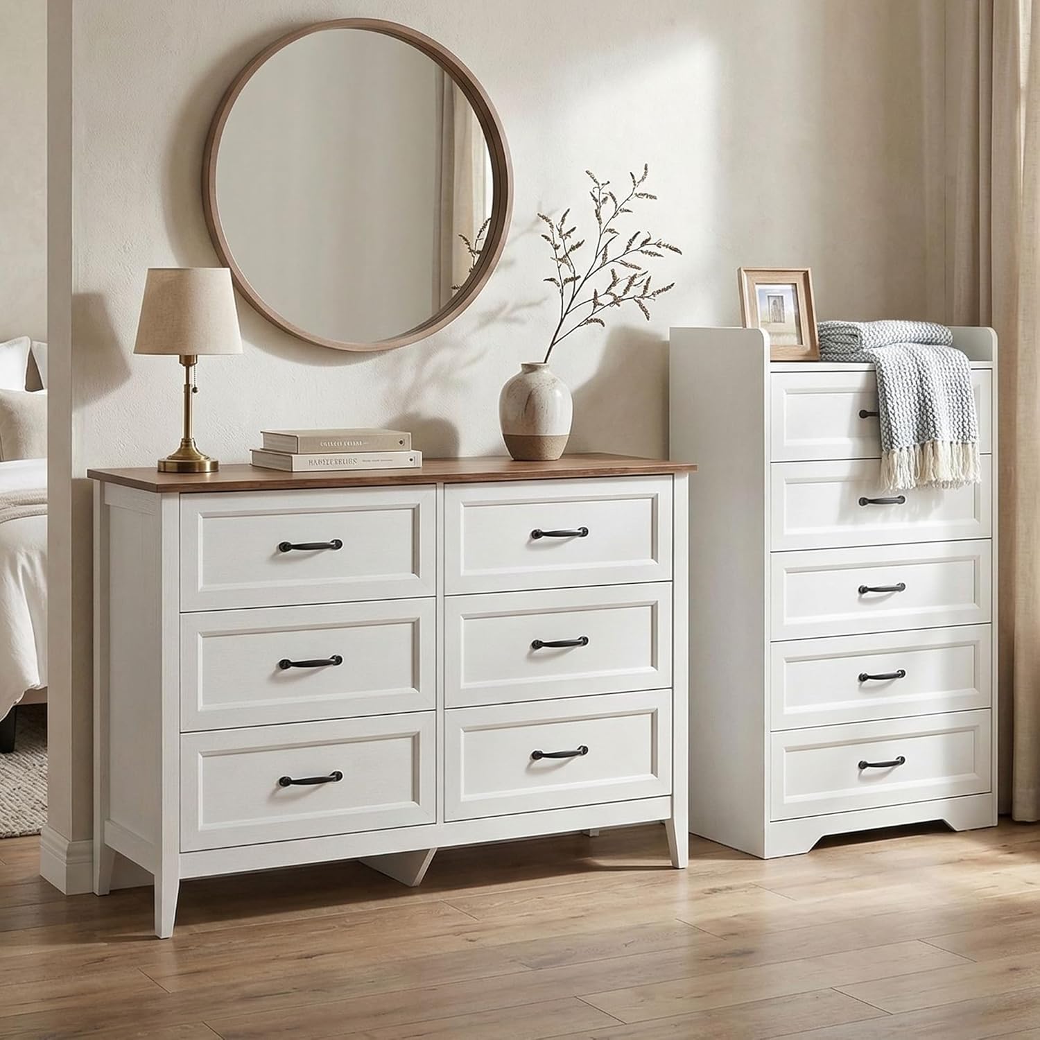 Gizoon 2-Piece Bedroom Furniture Set – Includes a 5 Drawer Dresser, a 6 Chest of Drawers,Modern Farmhouse Dresser Set, Ideal for Bedroom, Living Room