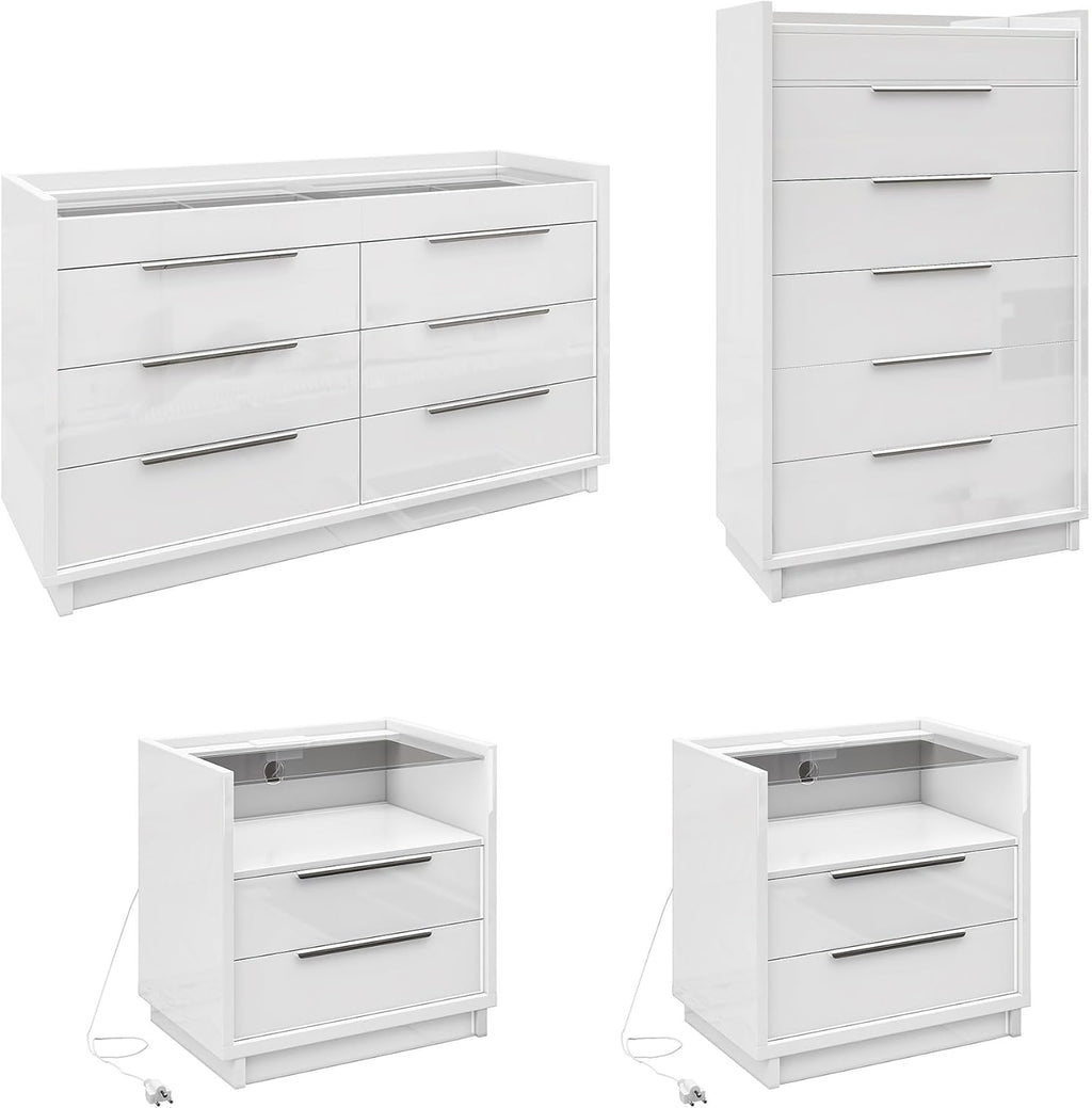 AMERLIFE 4 Piece Bedroom Furniture Set, 2 Nightstands with Charging Station, 8 Drawer Dresser with LED Light & 5 Drawer Chest, Modern High Gloss UV Finish, Bedroom Storage Organizer, White