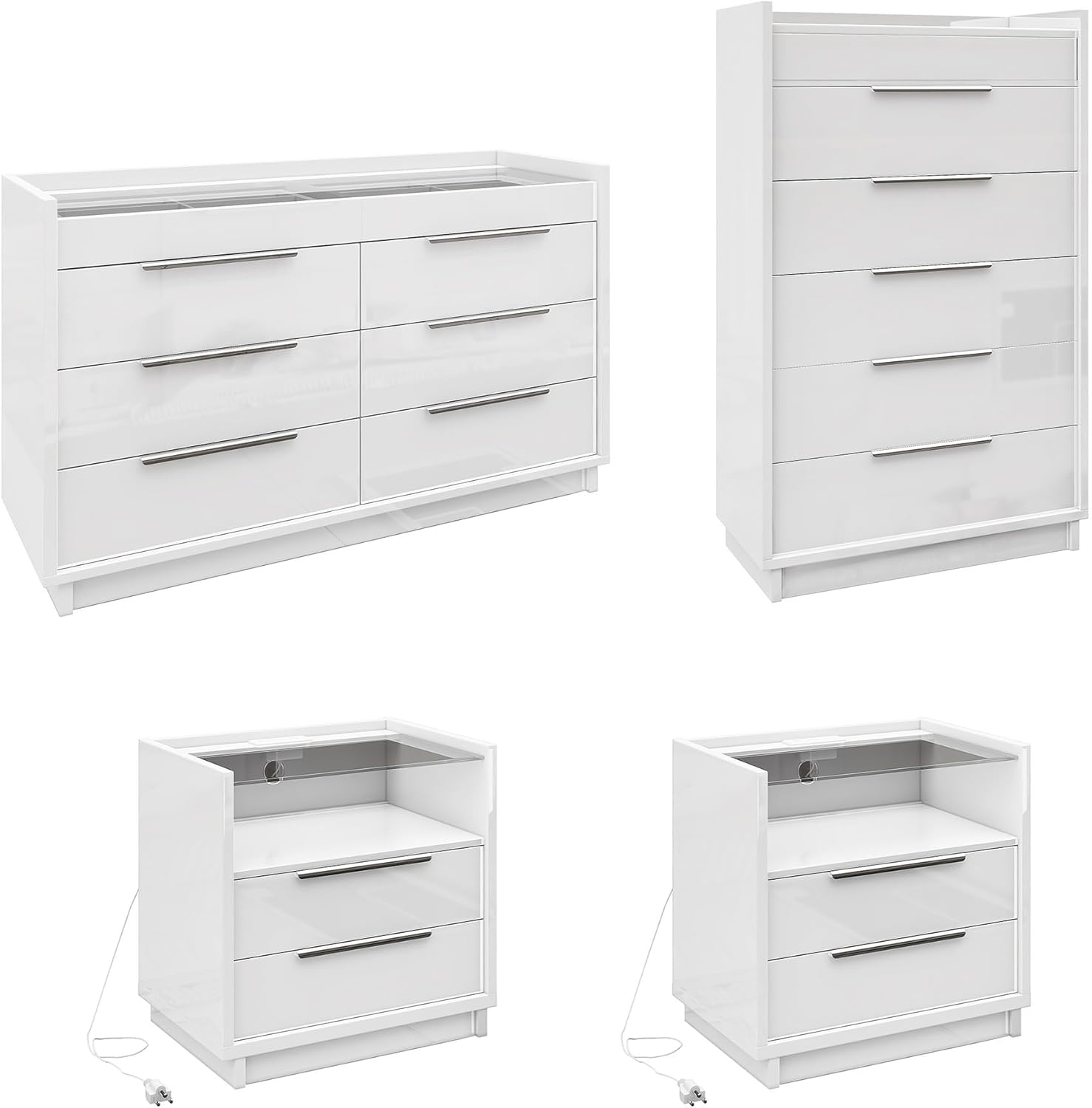 AMERLIFE 4 Piece Bedroom Furniture Set, 2 Nightstands with Charging Station, 8 Drawer Dresser with LED Light & 5 Drawer Chest, Modern High Gloss UV Finish, Bedroom Storage Organizer, White
