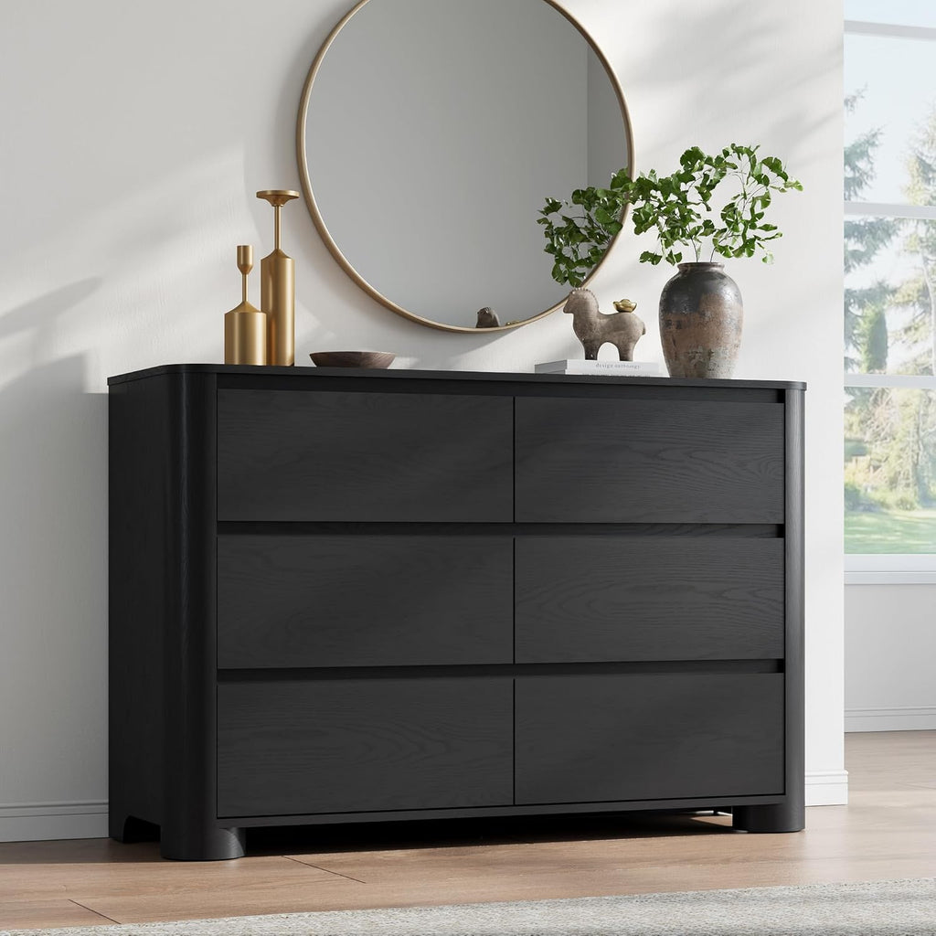 YANSNWO Minimalist Dresser and Nightstand Sets 4 Piece Bedroom Set, Wide & Tall 6-Drawer Dresser & 2 Nightstands with Charging Station, Wooden Bedroom Dresser Sets, Black