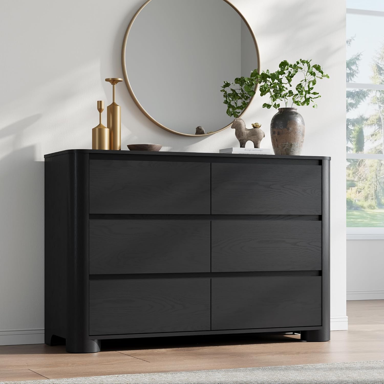 YANSNWO Minimalist Dresser and Nightstand Sets 4 Piece Bedroom Set, Wide & Tall 6-Drawer Dresser & 2 Nightstands with Charging Station, Wooden Bedroom Dresser Sets, Black