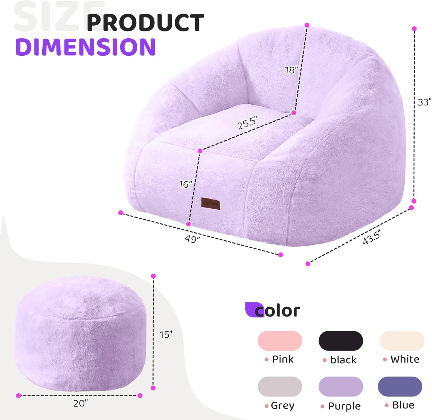 HABUTWAY Bean Bag Chair, Giant Bean Bag Chairs for Adults with Ottoman, Comfy Faux Fur Shell-Shaped Bean Bag Couch, Sofa Chair for Living Room, Bedroom, Purple