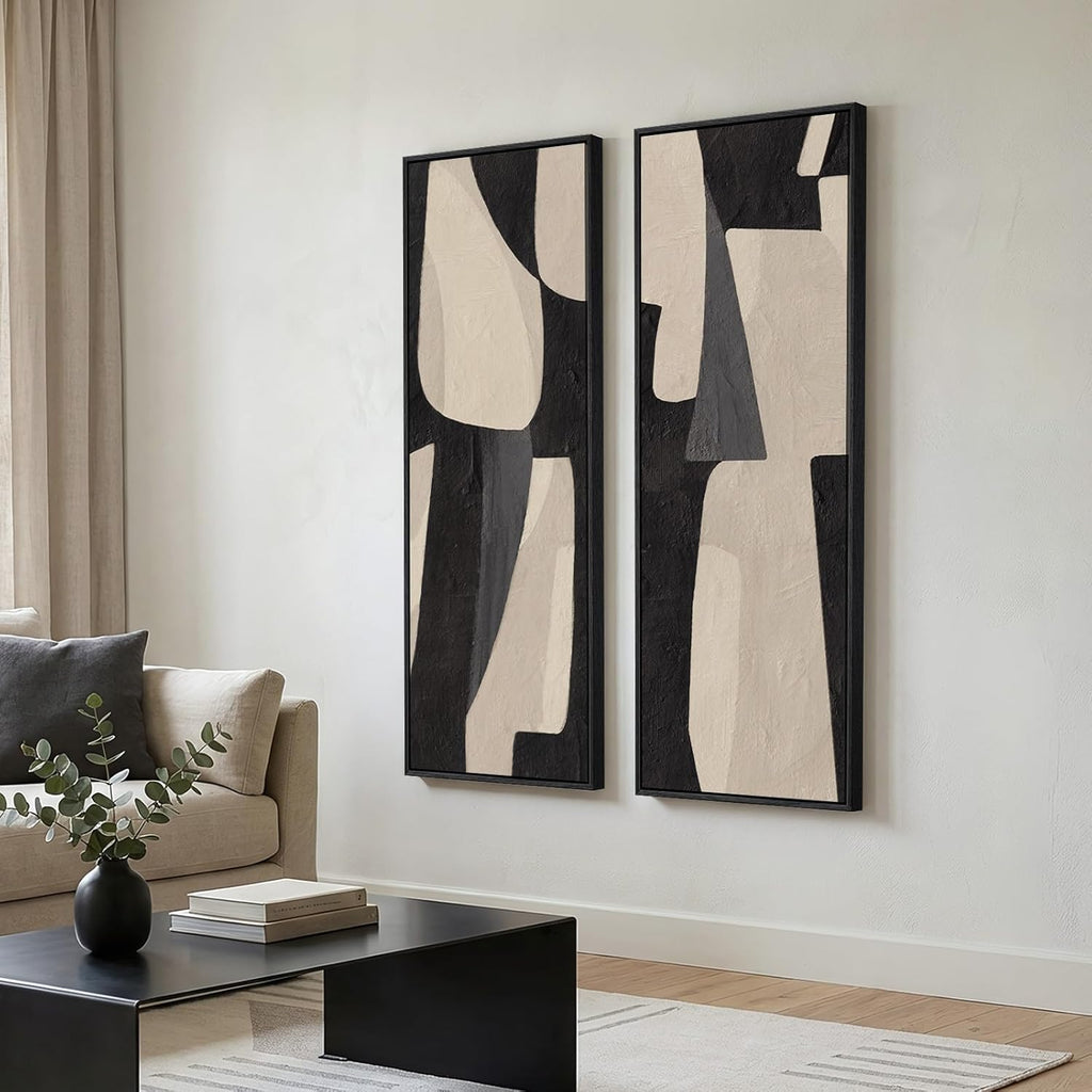 Long Narrow Framed Neutral Abstract Vertical Wall Art, Set of 2 Modern Canvas Prints Paintings Artwork for Walls, Black and Beige Minimalist Pictures Living Room Bedroom Hallway Entryway Wall Decor