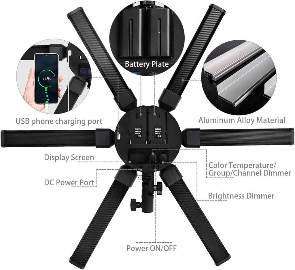 FOSOTO Photographic Lighting Dimmable 3200-5600K 6 Tubes LED Photography Star Light Lamp for Camera Photo Studio Phone Shooting, YouTube Makeup with Tripod Stand
