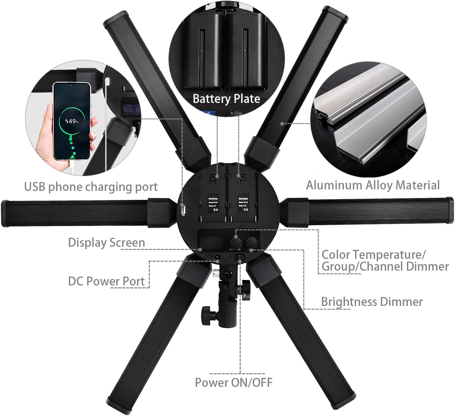 FOSOTO Photographic Lighting Dimmable 3200-5600K 6 Tubes LED Photography Star Light Lamp for Camera Photo Studio Phone Shooting, YouTube Makeup with Tripod Stand