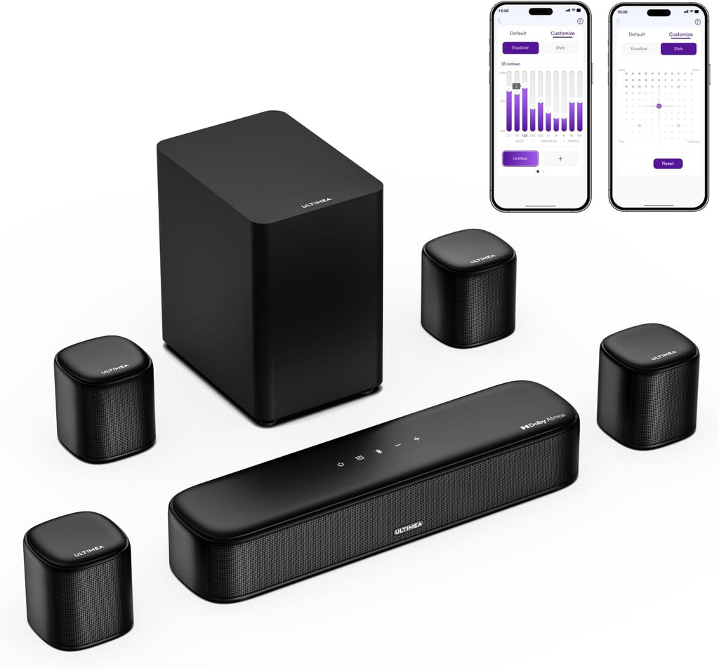 ULTIMEA 7.1ch Sound Bar with Dolby Atmos, Surround Sound System for TV with 4 Surround Speakers, Sound Bar for Smart TV with App Control, Soundbar with Subwoofer for Home Theater, HDMI eARC, Aura A60