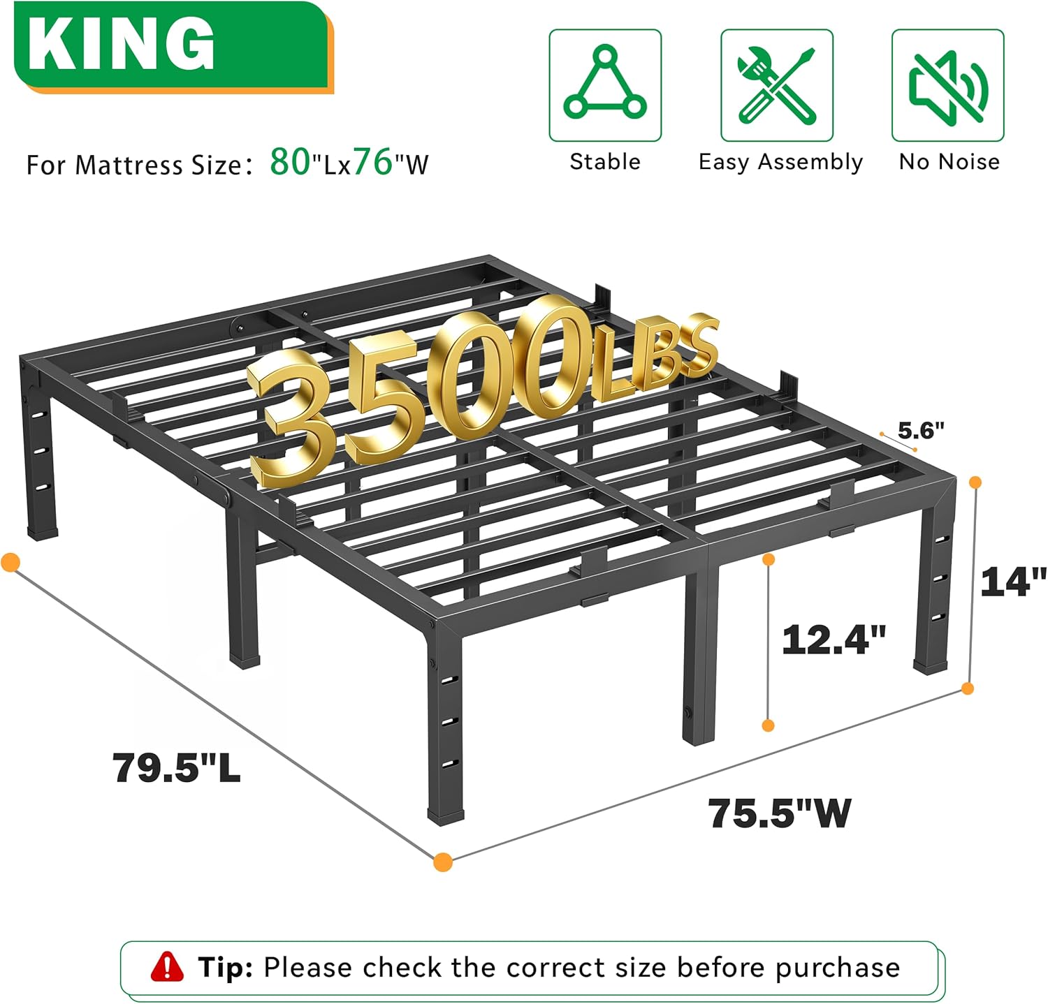 14 Inch King Size Bed Frames, Heavy Duty Metal King Platform 3500 lbs Capacity, No Box Spring Needed, 6 Mattress Slide Stopper, Headboard Holes, Noise-Free, Easy Assembly