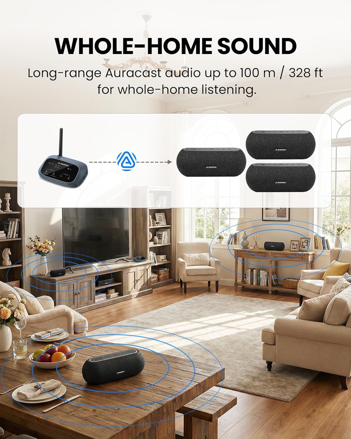 Avantree Harmony A2 – Wireless Auracast Speaker System for Whole-Home Audio, 100m Range, Expandable Setup, 3 EQ Modes for TV & Music, 1 Transmitter with 4 Bluetooth Speakers
