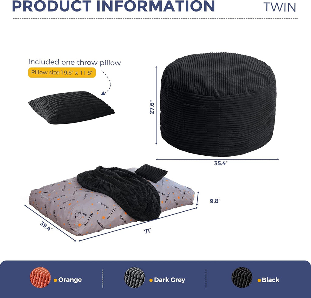 MAXYOYO Giant Bean Bag Chair Bed with Pillow, Convertible Beanbag Sofa to Floor Bed, Lazy Chair Couch with Removable Cover, High-Density Shredded Foam Filling, Cozy Lounge for Bedroom Living Room
