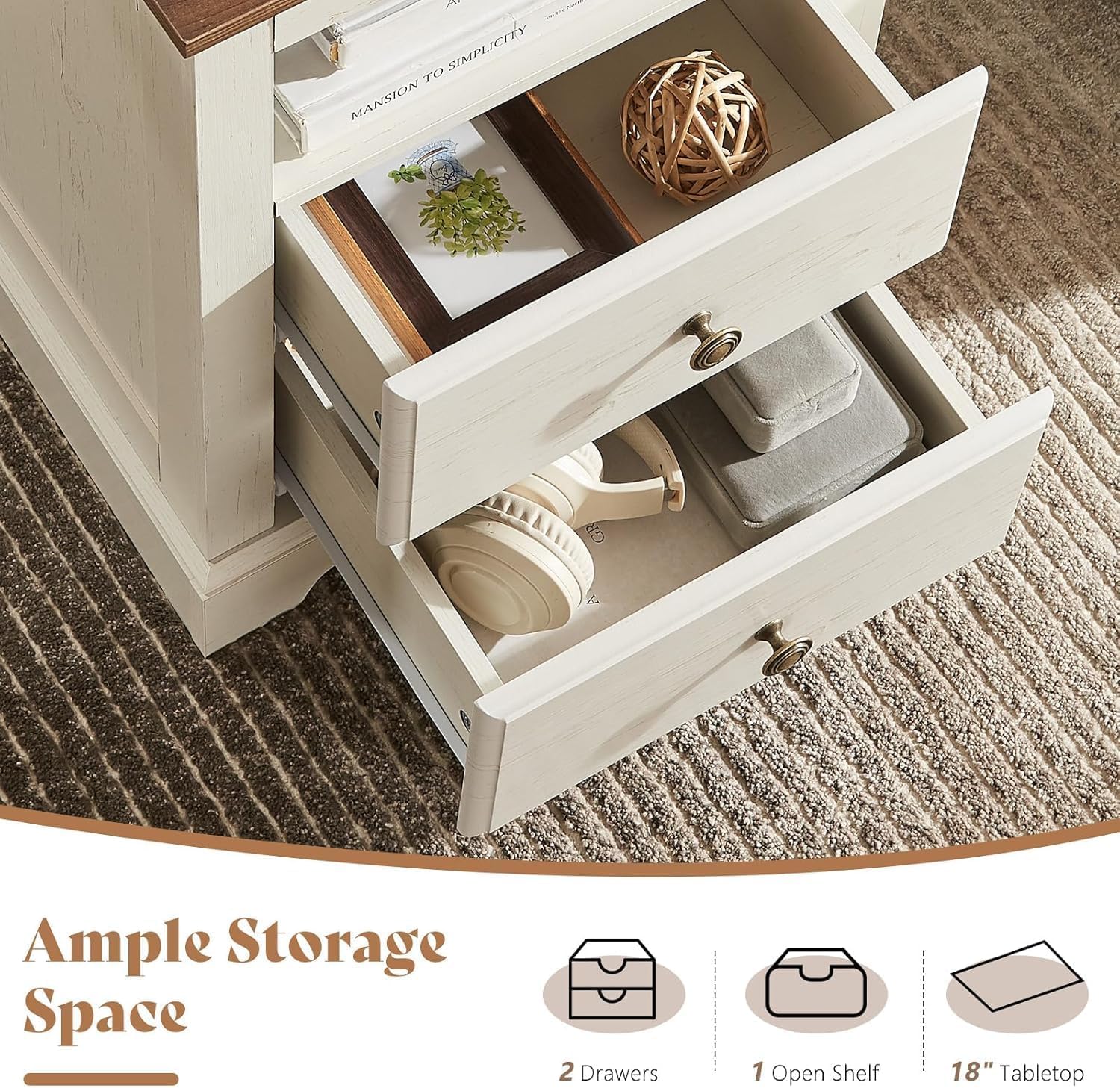 AMERLIFE Farmhouse Bedroom Furniture Set, Includes 2 Nightstands with Charging Station and 1 Queen Size Wood Platform Bed Frame with Headboard, Storage Drawers, No Box Spring Needed, Rustic White