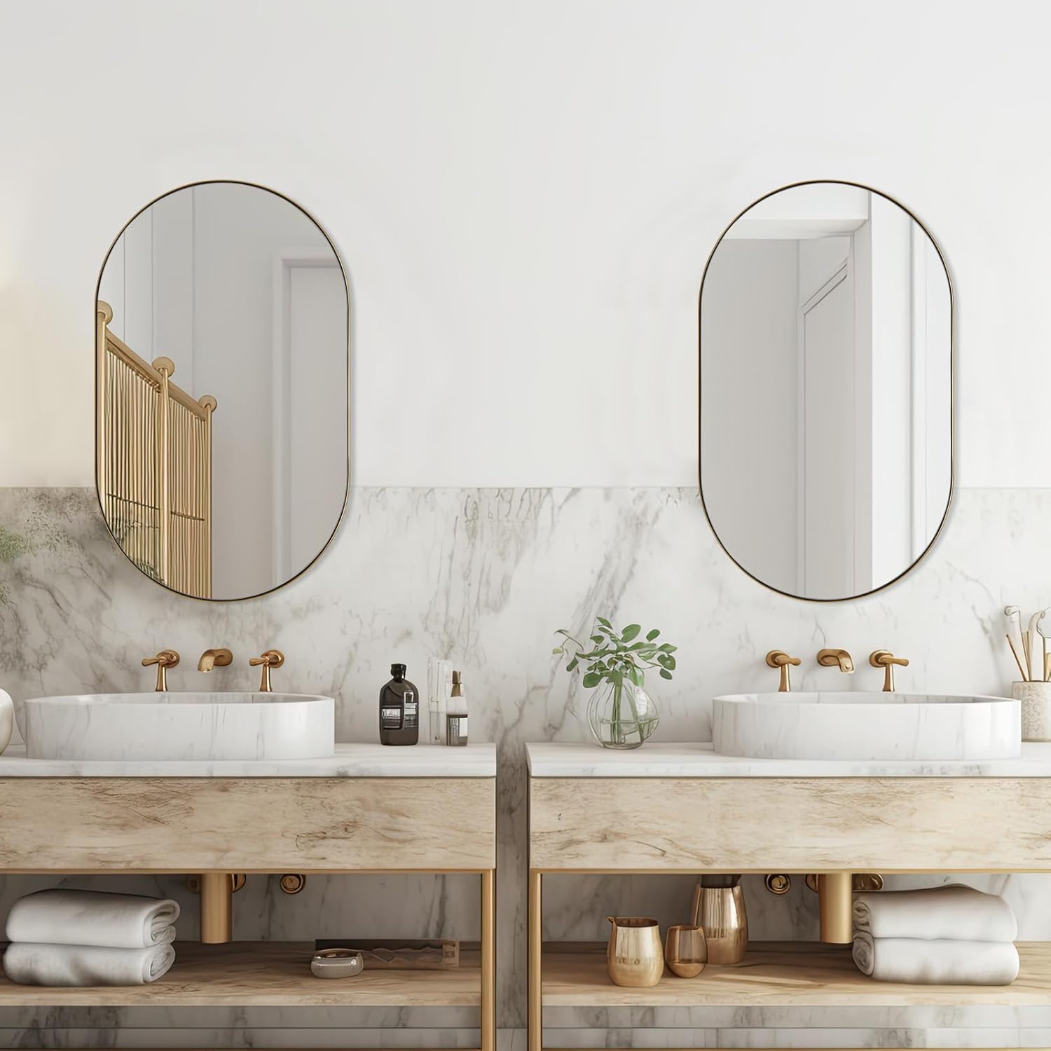 ANDY STAR Oval Bathroom Mirror, 20x33''Oval Gold Mirror Stainless Steel Metal Frame Mirror for Bathroom, Entryway, Living Room, Contemporary 1" Deep Set Design Wall Mount Hangs Vertical or Horizontal