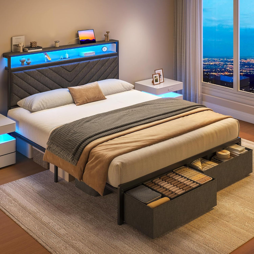 Fluest Queen Bed Frame with 2 Drawers, Upholstered Headboard with Storage and Charging Station, LED Lights, Fabric Drawers with Wheels, Under Bed Storage, No Box Spring Needed, Easy Assembly, Grey