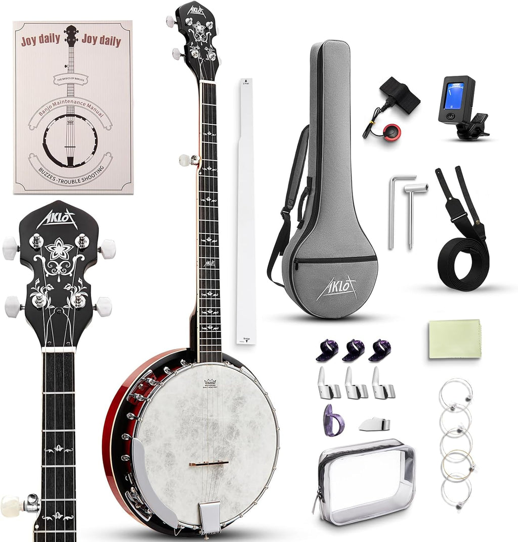 AKLOT Full-Sized Banjo Set: 38'' 5 String Banjo with Remo Head, Removable Resonator, Geared 5th Tuner, 24 Brackets, Deluxe Beginner Kit with Gig Bag, Strings, Strap, Picks, Tuner, Bridge Ruler