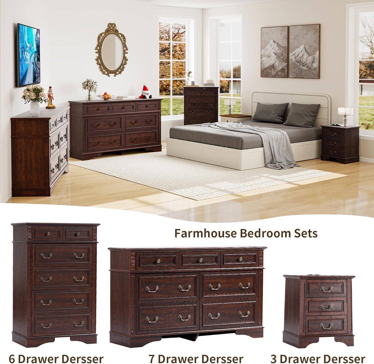 Farmhouse Dresser and Nightstand Sets, 6-Drawer with 7 Drawer Dresser & 3 Drawer Nightstand Sets, 4 Pieces Rustic Wood Bedroom Furniture Set for Home, Bedroom, Hallway(Dark Brown)