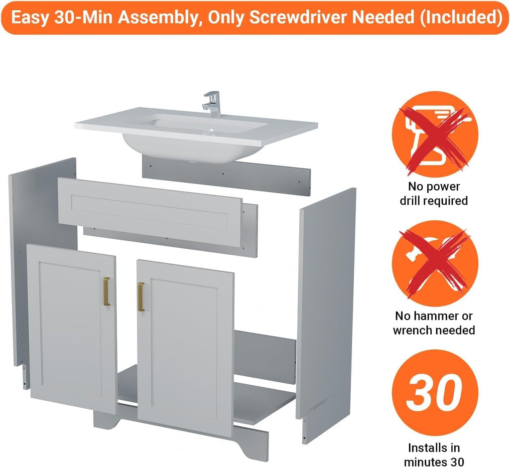 30 Inch Bathroom Vanity with Sink, Modern Bathroom Vanity with Ceramic Basin and Countertop, Easy Assembly, Grey