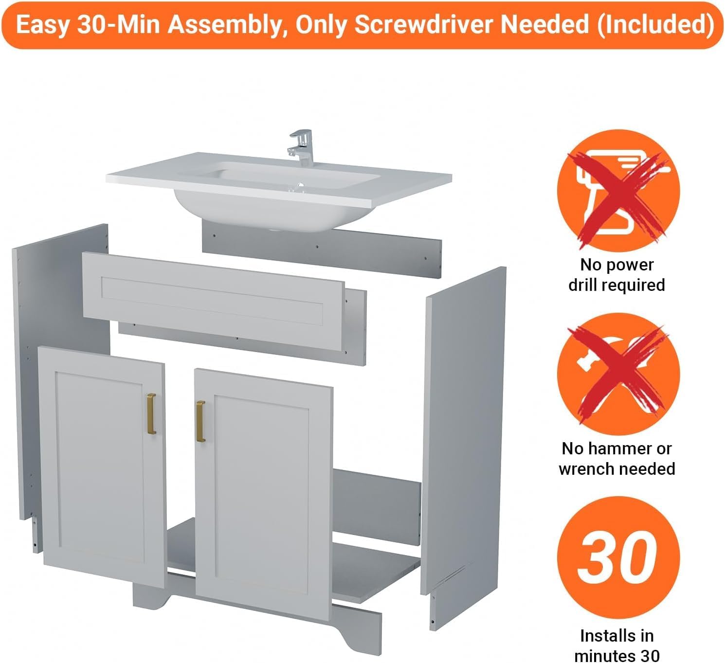 30 Inch Bathroom Vanity with Sink, Modern Bathroom Vanity with Ceramic Basin and Countertop, Easy Assembly, Grey