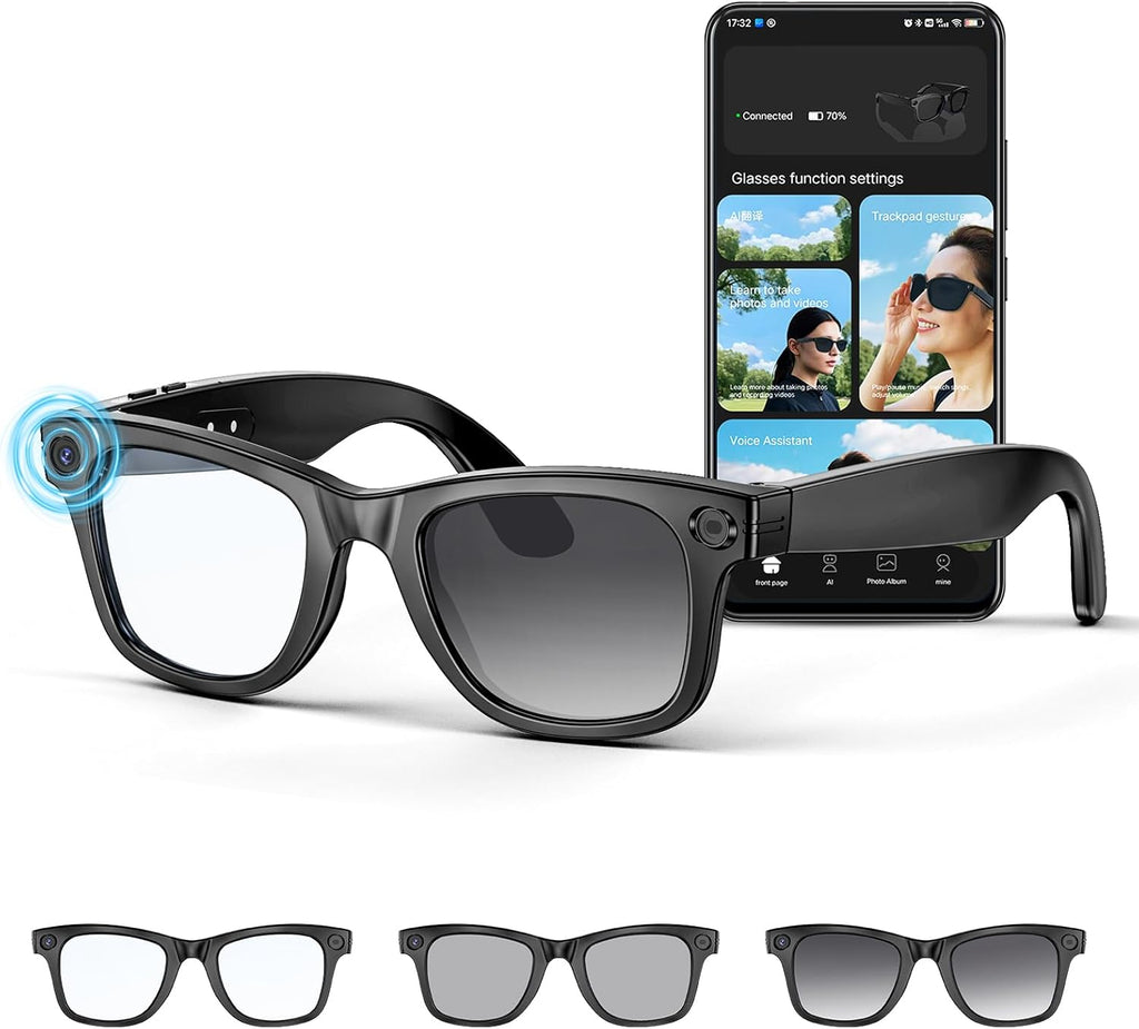 Mingtawn AI Smart Glasses 4K HD Camera, BT Call, 800W Anti-Shake Camera Glasses with Video Recording Dual Mic, Simultaneous Interpretation/GPT Identify Objects, 270mAh Photochromic Glasses（Black