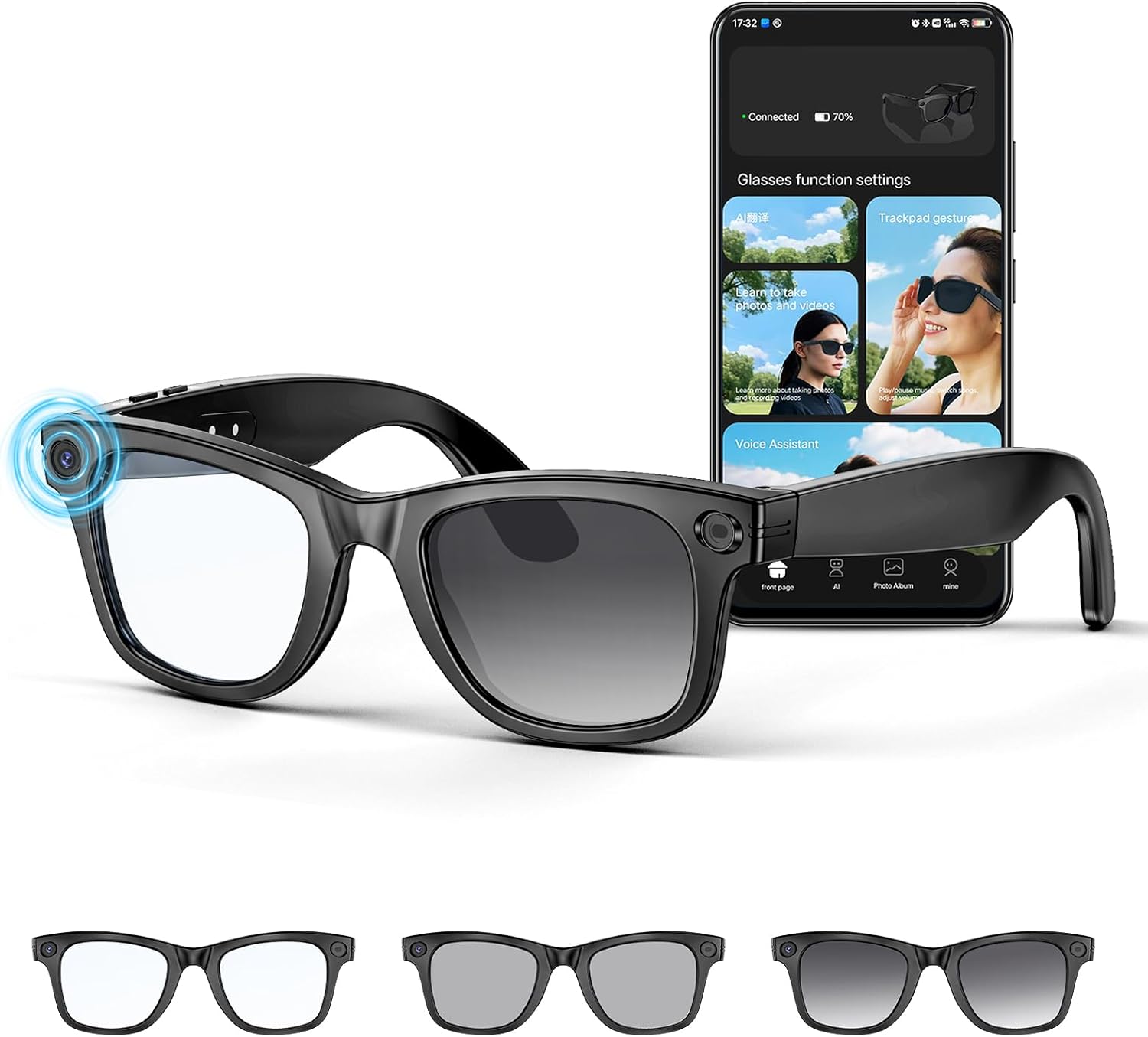 Mingtawn AI Smart Glasses 4K HD Camera, BT Call, 800W Anti-Shake Camera Glasses with Video Recording Dual Mic, Simultaneous Interpretation/GPT Identify Objects, 270mAh Photochromic Glasses（Black