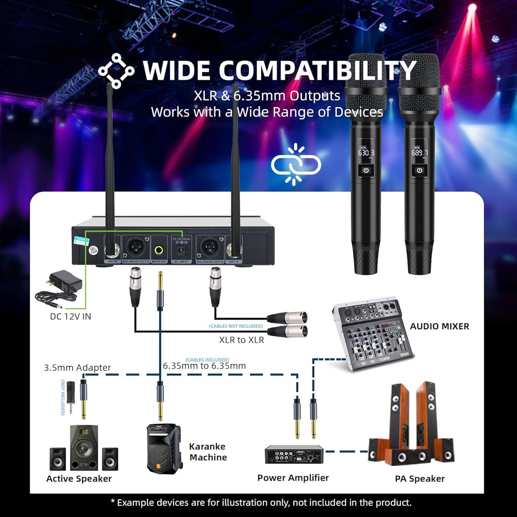 Professional Wireless Microphone System, 500ft Long Range 2.4G Cordless Mic Set with 40H Playtime, Rechargeable Dynamic Microphones Memory Function for Karaoke Singing, DJ, Church, Party, Wedding