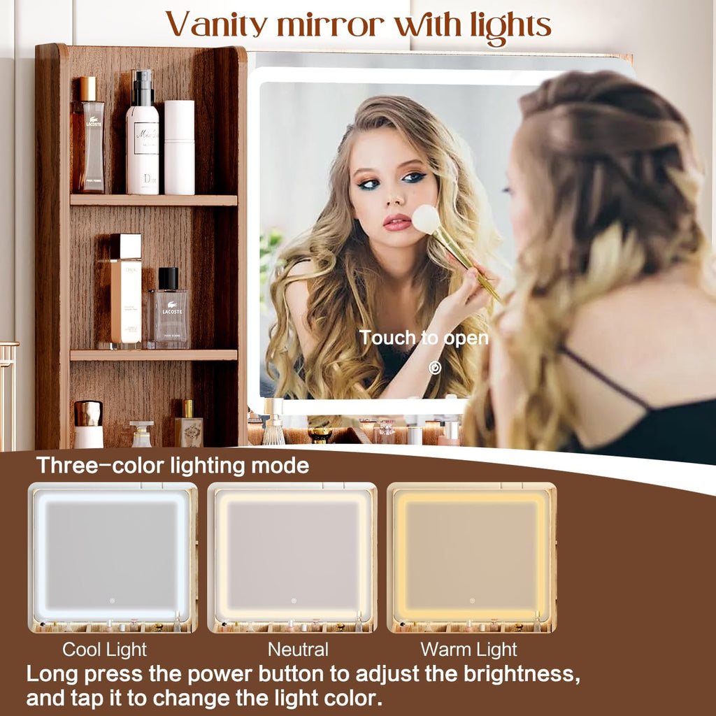 Large Vanity Desk with 3 Color Touch Screen Dimming Mirror, Vanity Desk with Charging Station, Modern Retractable Makeup Dressing Table, Makeup Table With storage shelves and 5 Sliding Drawers, Walnut